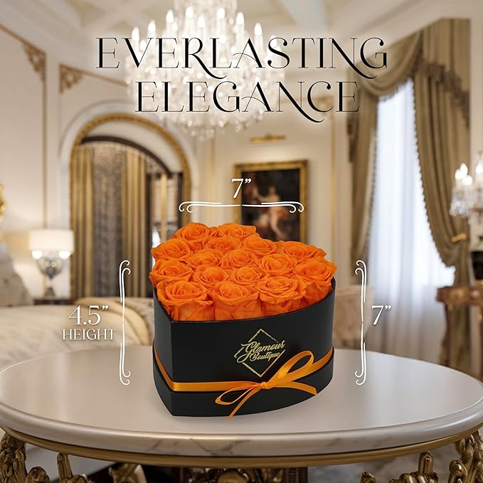 GLAMOUR BOUTIQUE 16 Flower Forever Heart Shape Box - Preserved Roses Gift for Her, Preserved Flowers, Orange