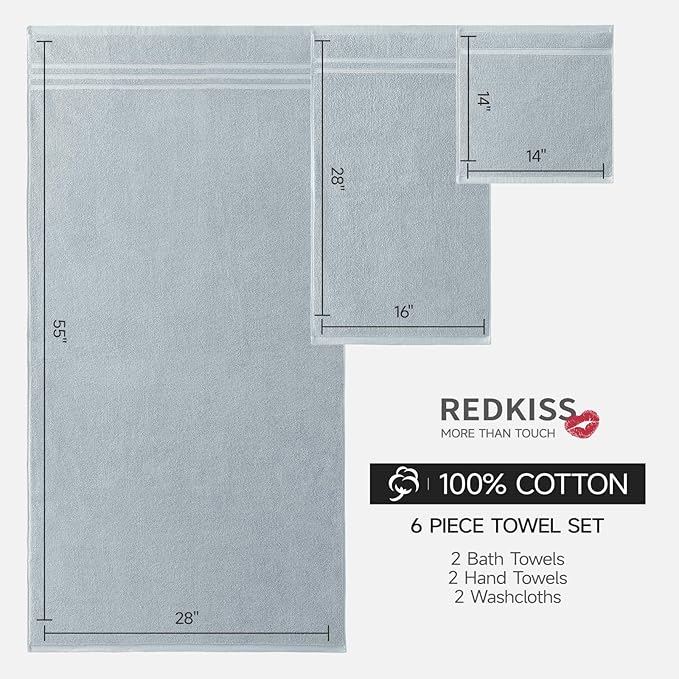 REDKISS Light Grey Bath Towel Set - 100% Cotton Towels for Bathroom, 600 GSM Premium Dark Grey Towel of 6, Includes 2 Large Bath Sheets, 2 Hand Towel, 2 Washcloths, Highly Absorbent