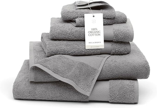 BOLL & BRANCH Plush Bath Towel Set - Stone - 6 Piece - Includes 2 Bath Towels, 2 Hand Towels & 2 Washcloths - 100% Organic Cotton - Ultra Soft & Luxurious - Quick Absorbing