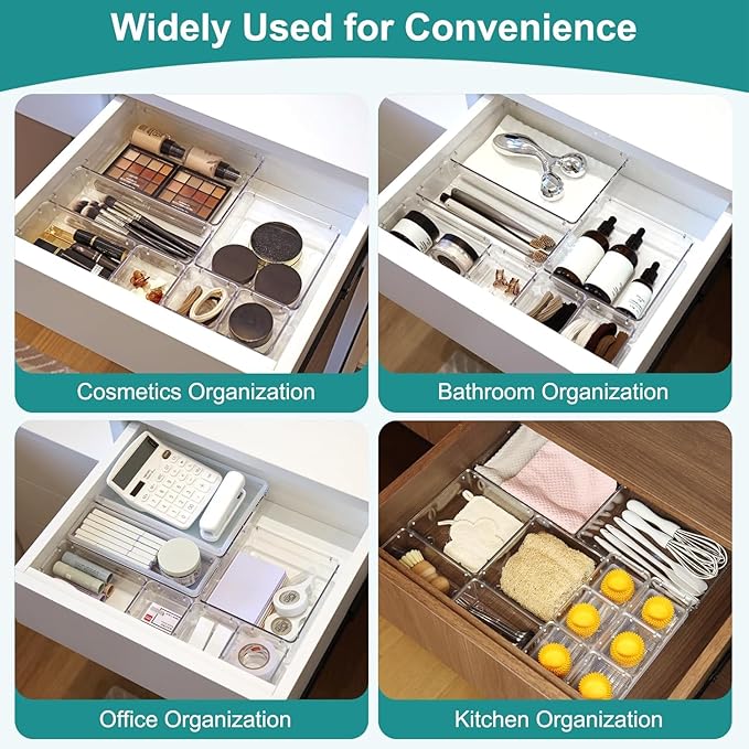 28 Pcs Drawer Organizer for Makeup/Office Supplies/Vanity/Desk Drawer Organizers, Acrylic Organizers, Shallow Drawer Organizers with Lid Design