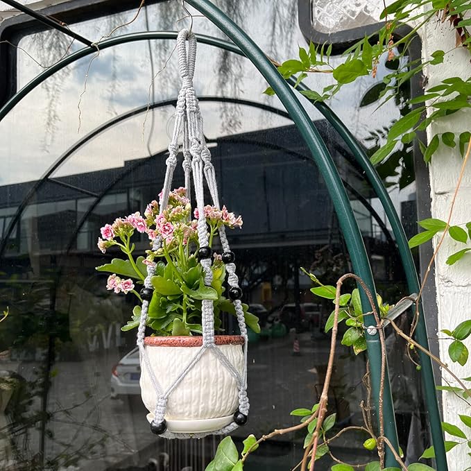 Macrame Plant Hanger for 5 to 10 Inch Plant Pots, Set of 2 Indoor Handmade 35 Inch Woven Rope Hanger Kits with Hooks and Wood Beads, Hanging Planter Basket Holder for Boho Home Decor (White, 2 Pack)