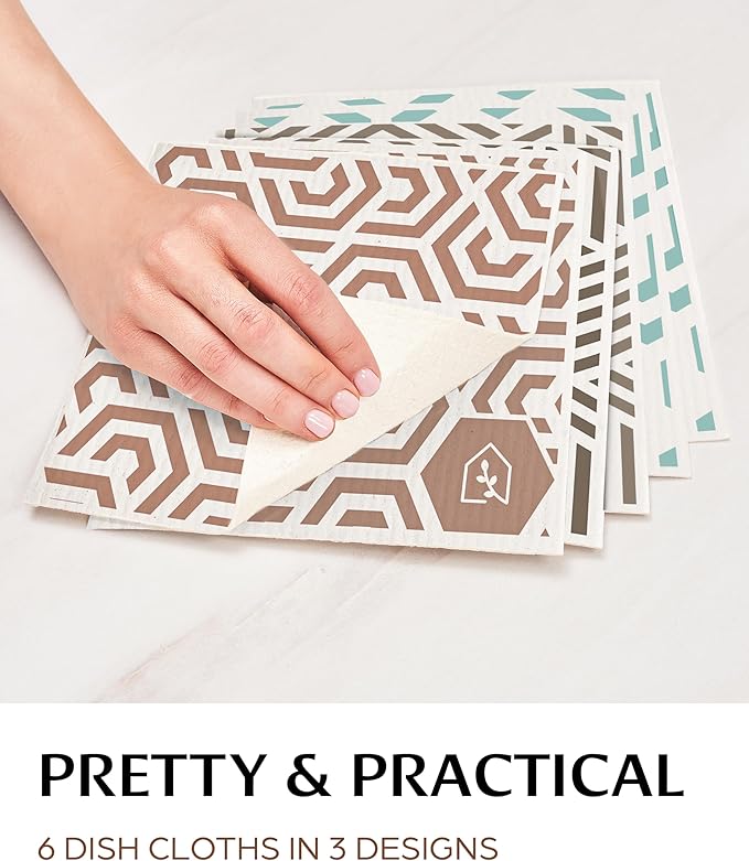 Swedish Dish Cloths for Kitchen - Reusable Dishcloths for Washing Dishes - Each Cellulose Dish Cloth Replaces 15 Rolls of Paper Towels and is More Absorbent than a Sponge - Dishcloth Set of Six