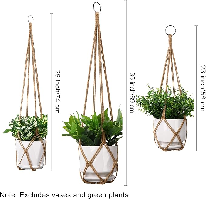 YIBOT 3 Pack Macrame Plant Hanger Indoor Hanging Planter Basket with 3 Hooks, 35"/29"/23" Crochet Plant Holder Stand No Tassels for Indoor Outdoor Boho Home Decor, Brown (POTS NOT Included)