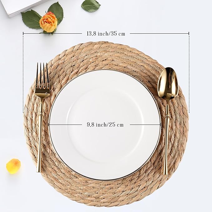 Round Woven Placemats Set of 10, Natural Water Hyacinth Place mats, 12 inch Rattan Placemat Wicker Placemats Farmhouse Boho Braided Heat Resistant Outdoor Placemat Patio Table Place Mat
