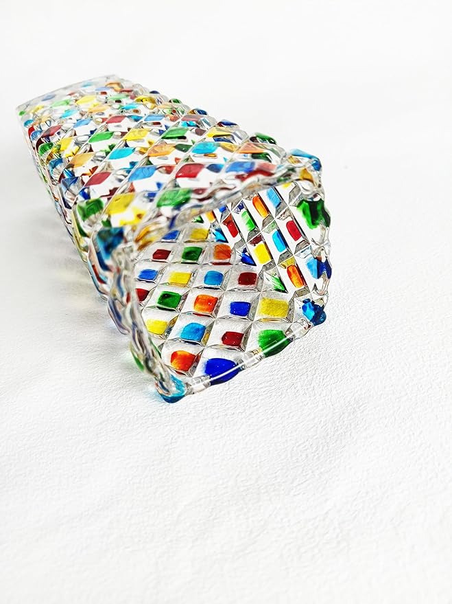 Colorful Checkered Glass Vase, Bright Multi Colored Crystal Diamond Vase Hand Painted