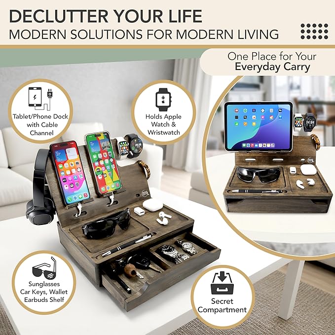 Nightstand Organizer with Drawer- Wood Phone Docking Station- Desk Organizer for Two Phones or Tablet, Watches, Headphone & Accessories- Unique Gifts for Men, Dad or Son (Rustic Gray)