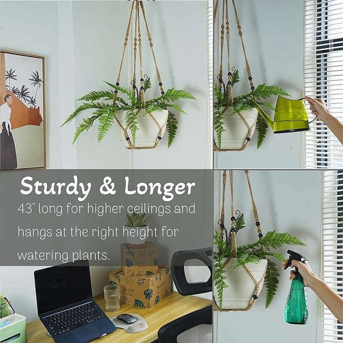 43 Inch Macrame Plant Hanger Large for up to 12 Inch Pot Extra Long Hanging Plant Holder No Tassels Jute Hanging Planter Basket for Indoor Outdoor Boho Decor, Brown 2 Pack