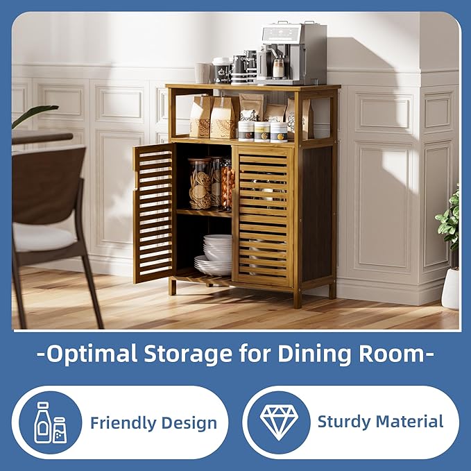 HITNET Walnut Bathroom Floor Cabinet, Bamboo Side Tall Storage Organizer, Freestanding Kitchen Cupboard with Door and Shelf