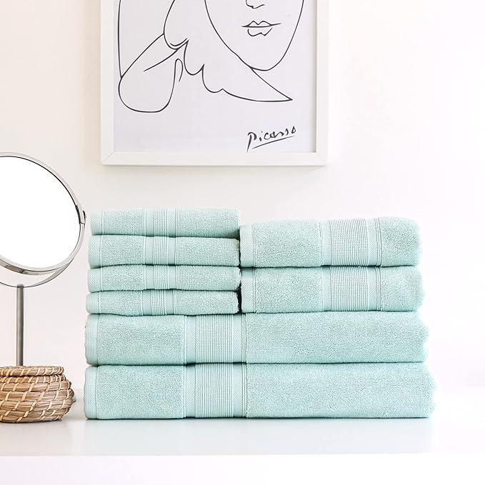 Luzia 8 Piece Bathroom Towel Set - 100% Turkish Cotton, Premium Quality - 2 Bath Towels 2 Hand Towels and 4 Washcloths (Sea Foam/Aqua/Mint/Glacier Green)