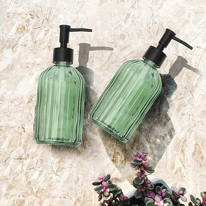 Glass Soap Dispenser with Plastic Pump, Hand Soap Dispenser for Hand Wash, Lotion Dispenser for Dishwashing Liquid, Lotion Shower Gel (Green)