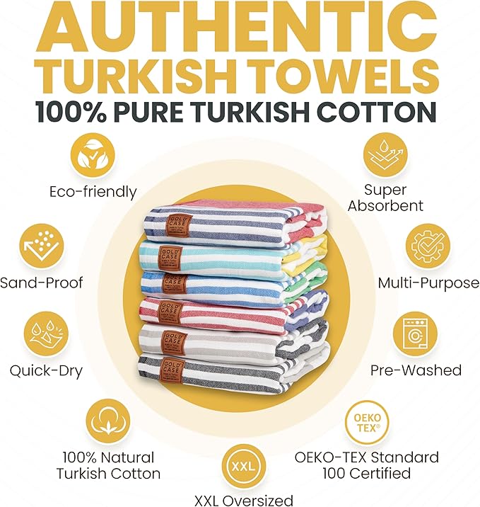Gold CASE Turkish Beach Towel Set of 6 – 100% Cotton Large Bath Towels 70 x 38'' – LYCIA Oversized, Quick Dry & Sand Free Beach Towel – Lightweight Turkish Towels Set - Multicolor-2