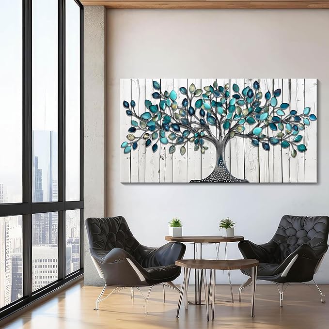 CHATYOUNG Wall Art Living Room - Large Green Tree of Life Wood Textured Background Modern Paintings Wall Decor Artwork for Bedroom Dining Room Office Kitchen Home Decor 48"x24"