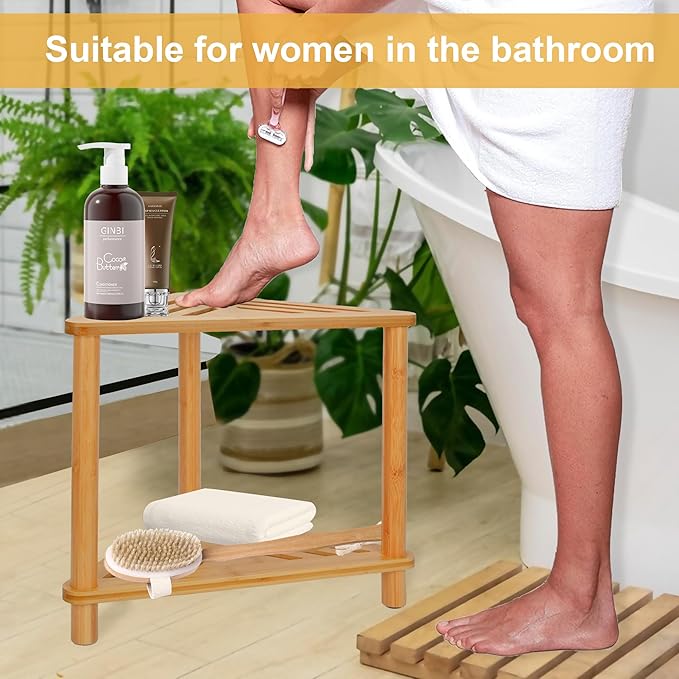 Bamboo Corner Shower Stool for Inside Shower Shaving Legs, Waterproof Bathroom Bench Seat with Storage Shelf for Small Spaces, Foot Rest, Bath Seat