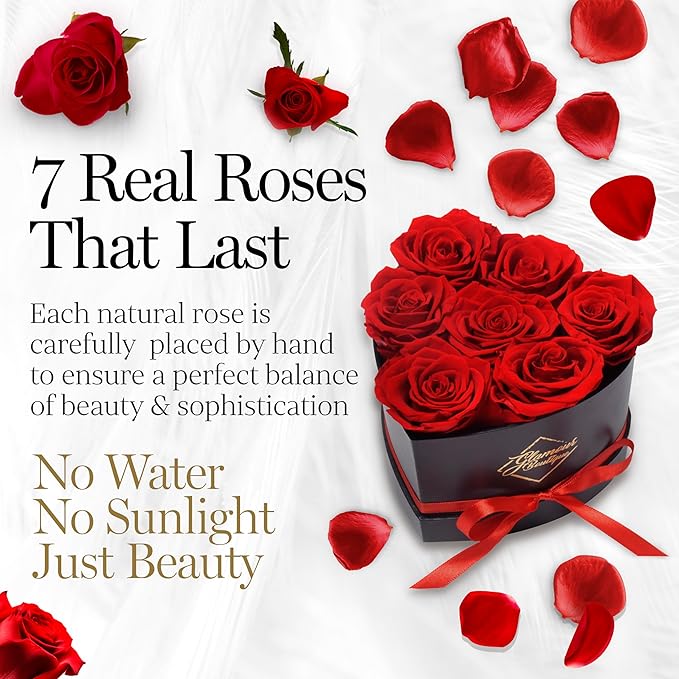 GLAMOUR BOUTIQUE 7 Flower Forever Heart Shape Box - Preserved Roses Gift for Her, Preserved Flowers, Red