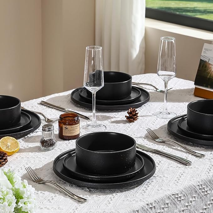 GZG Classic Series - Plates and Bowls Set for 2, 6 Piece Stoneware Dinnerware Sets, Microwave and Dishwasher Safe Lead-Free Handcrafted Ceramic Dishes Set - Frosted Matte Black