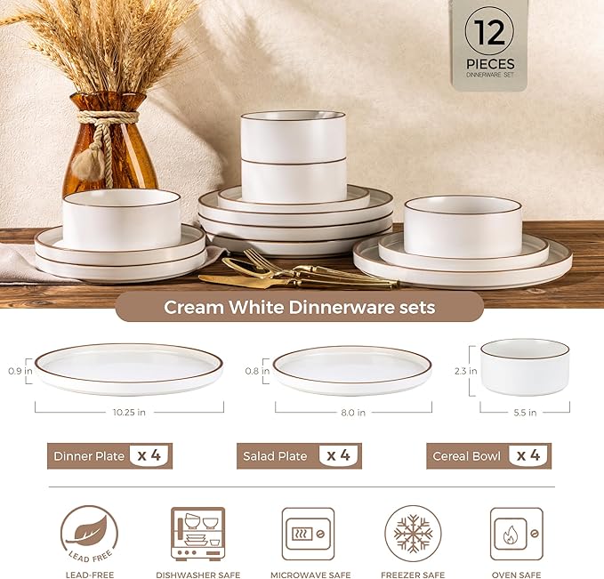 LERATIO Ceramic Dinnerware Sets for 6, High Edge Stoneware Plates and Bowls Set, Chip and Crack Resistant | Oven & Dishwasher & Microwave Safe Dishes Set, Service for 6 -Vanilla White