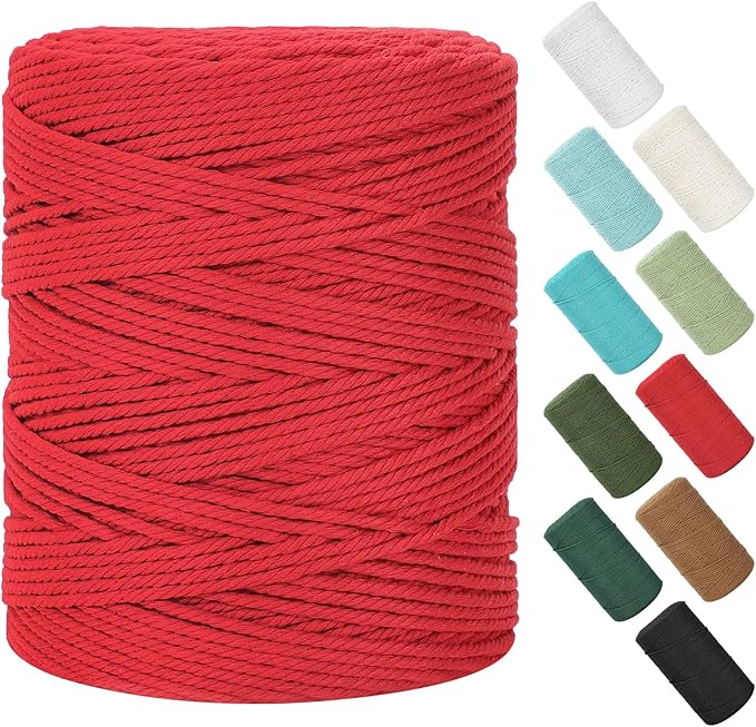 Macrame Cord 4mm x 380Yards (1140Feet), Natural Cotton Macrame Rope - 4 Strands Twisted Macrame Cotton Cord for Wall Hanging, Plant Hangers, Crafts, Gift Wrapping and Wedding Decorations, Red