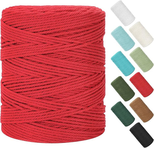 Macrame Cord 4mm x 380Yards (1140Feet), Natural Cotton Macrame Rope - 4 Strands Twisted Macrame Cotton Cord for Wall Hanging, Plant Hangers, Crafts, Gift Wrapping and Wedding Decorations, Red