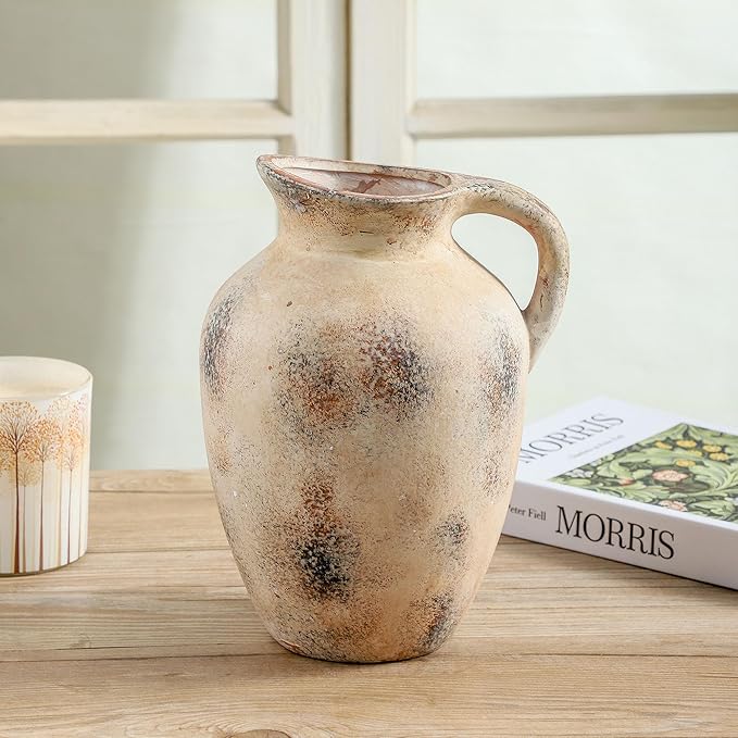 Vintage Farmhouse Pottery Vase, 9.7 inch Handcrafted Decorative Ceramic Vase for Home, Dining Table, Bathroom, or Bookshelf Accents