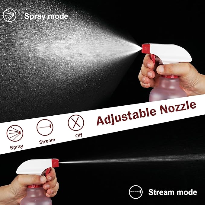 Plastic Spray Bottles 12oz 2 Pack Adjustable Mist/Stream Spraying Heavy Duty Square Water Spray Bottles for Hair, Cleaning Solutions, Plants, Cooking，BBQ，Essential Oils (Red)