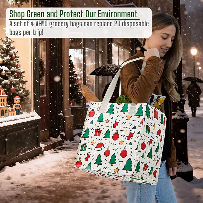 VENO 4 Pack Christmas Reusable Grocery Bags, Heavy-Duty Shopping Bags with Handles, for Shopping Cart with Hard Bottom to Stand Upright, Foldable (Jingle Mix, 4 Pack)