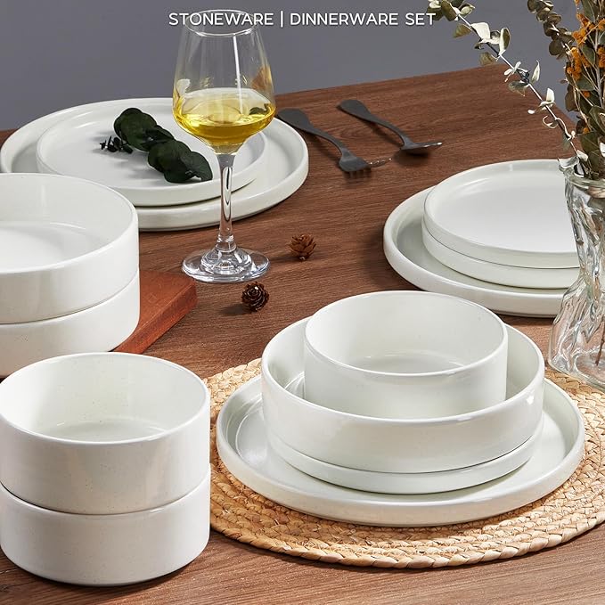 Onader 24 Piece Dinnerware Sets with Pasta Bowls for 6, Stoneware Plates and Bowls Dish Sets, Ceramic Speckled Dinner Dishware for Kitchen Dining, Microwave & Dishwasher Safe - Cloud White
