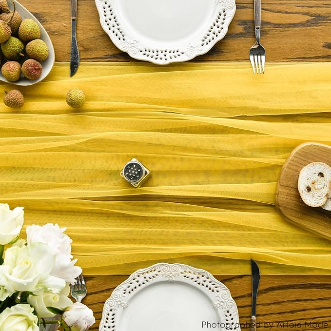Artoid Mode 10PCS Yellow Gauze Table Runner 120 Inch 10FT, Seasonal Sheer Kitchen Dining Holiday Wedding Birthday Baby Shower Table Decor for Home Party