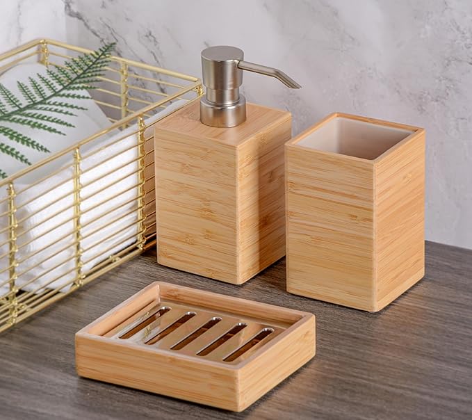 Bamboo Bathroom Accessories Set, 3 Pcs Wood Bathroom Accessories Soap Dispenser, Toothbrush Holder, Soap Dish, Kitchen Soap Dispenser Set for Home Decor, Housewarming Gift