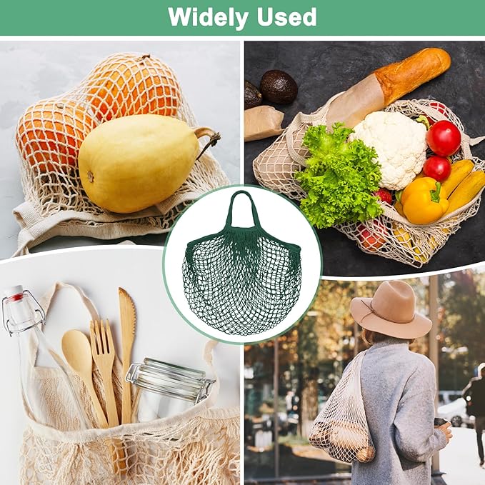 2-Pack Cotton Mesh Bag, Reusable Washable Mesh Net String Grocery Bags, Reusable Produce Bags with Handle, Net Tote Bag for Fruits Shopping [Dark Green, Long&Short Handle]