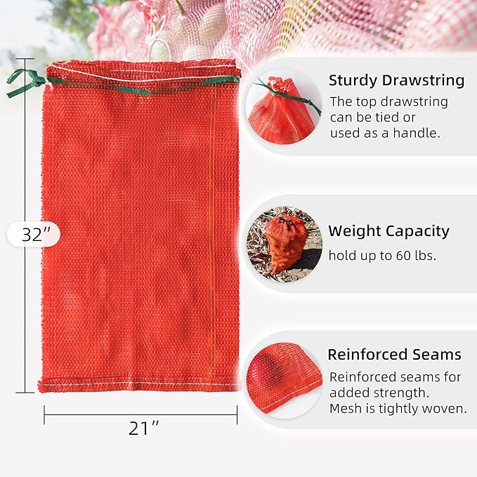 50pcs Extra Large Mesh Produce Bags 60 lbs Reusable Onion Sacks Vegetable Storage Bags Washable Net Bag 21” x 32” for Onion Potato Firewood Crawfish, Pack of 50