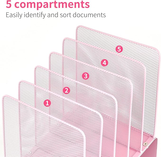 File Organizer for Desk, Desk Organizer with 5-Section Vertical File Rack, File Folder Organizer, Desk Accessories & Workspace Organizers (Pink)