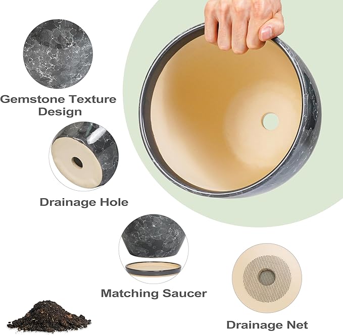 Ceramic Pots for Plants - 10 Inch Planter for Indoor Outdoor, Decorative Round Flower Pot with Drainage Hole and Saucer, Garden Patio Living Room Home Decor, Housewarming Gifts, Grey