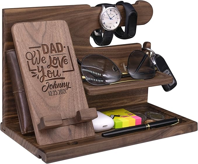 Phone Docking Station For Dad - Handmade Unique Nightstand Organizer For His Accessories - Personalized Gift Ideas for Him, Grandpa, Husband, Boyfriend on Father's Day, Birthday, Anniversary