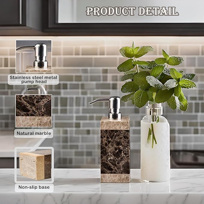 Hand Liquid&Lotion Soap Dispenser Pump Bottle Natural Marble for Kitchen Bathroom Countertop Laundry Room Holds Dish Soap Shampoo Laundry Liquid Shower Gel(Coffee Colour)