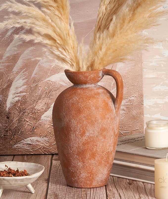 Terracotta vase with Handle, 10inch Boho Unique Textured Pottery, Rustic Farmhouse Decorative Ceramic vases for Flowers, Centerpieces, Living Room.