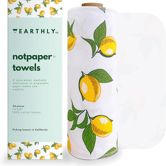 Reusable Paper Towels - 24 Pack - Roll of Washable Cotton Cloth Paper Towels - Paperless Reusable Napkins Cloth Washable - Absorbent + Long Lasting - Zero Waste Products - (Lemon)