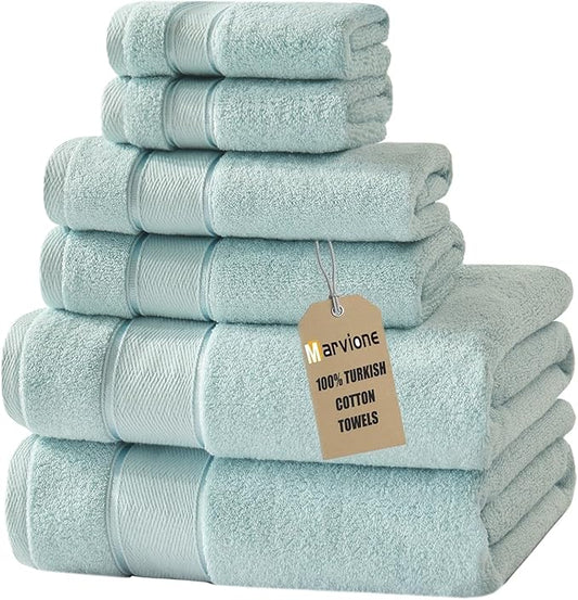 Marvione Bath Towels Set 6 Piece, 100% Turkish Cotton Highly Absorbent and Soft Towels for Bathroom 2 Bath Towels 2 Hand Towels 2 Washcloths, Light Blue