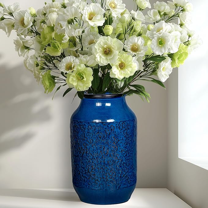 Blue Vase for Decor, 9 inch Ceramic Flower Vase, Modern Decorative Vases Home Decor, Bathroom Bedroom Office Living Room Shelf Decoration