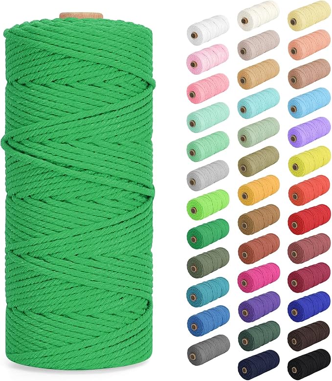 Macrame Cord 3mm x 109Yards (328Feet), Natural Cotton Macrame Rope - 4 Strands Twisted Macrame Cotton Cord for Wall Hanging, Plant Hangers, Crafts, Gift Wrapping and Wedding Decorations, Forest Green