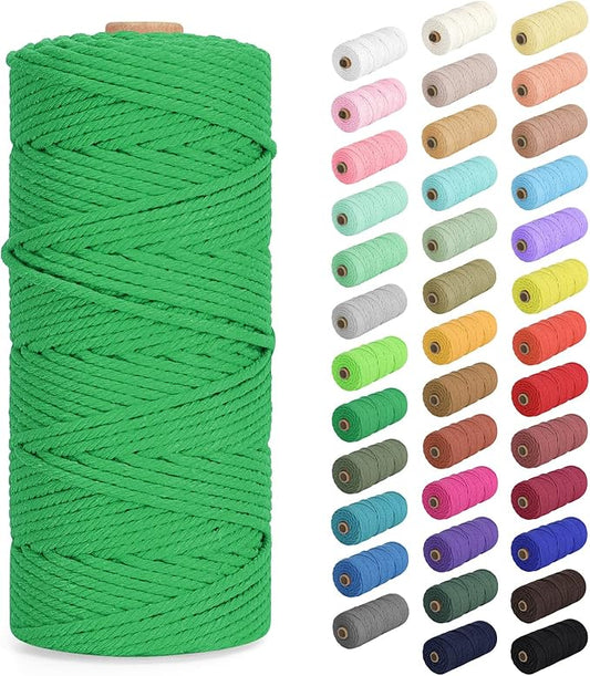 Macrame Cord 3mm x 109Yards (328Feet), Natural Cotton Macrame Rope - 4 Strands Twisted Macrame Cotton Cord for Wall Hanging, Plant Hangers, Crafts, Gift Wrapping and Wedding Decorations, Forest Green