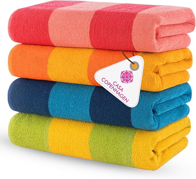 CASA COPENHAGEN Malibu Beach Towels Designed in Denmark Rough and Tough, Quick Dry, for Pool, Bath & Shower 30x60 inches 4 Pieces Cotton Beach Bath Towels Set - Orange, Blue, Pink, Green