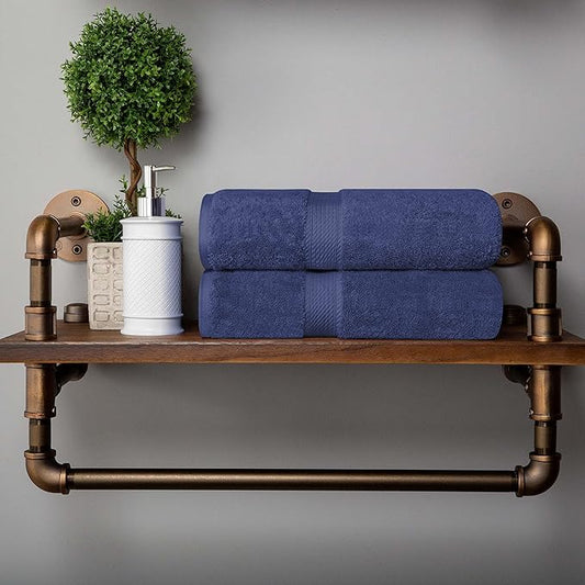 BLUENILEMILLS BNM Egyptian Cotton 2-Piece Towel Set, Includes 2 Bath Towels, Attached Loop for Easy Hanging and Storage, Hotel Quality, Perfect for Bathroom, Gym, Shower Space, or Spa, Navy Blue