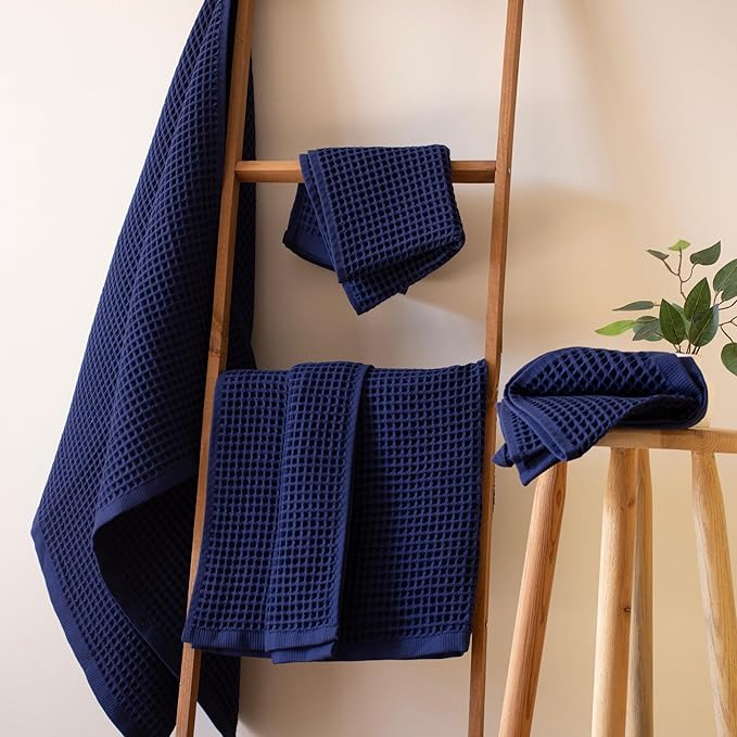 PÜSKÜL - Premium Waffle Towel Set 4 Pieces Navy Blue - Organic 100% Turkish Cotton Quick-Dry Towels for Bathroom Made in Turkiye (Navy Blue, Towel Set - 2 Hand & 2 Bath Towels)