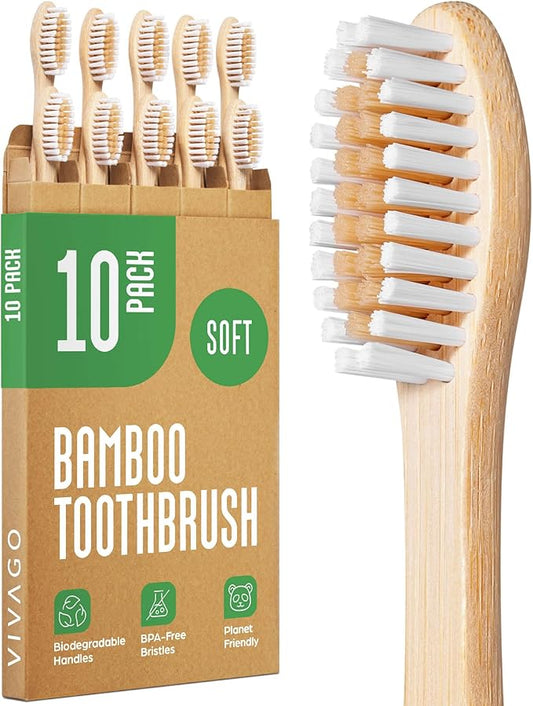 Bamboo Toothbrushes 10 Pack - BPA Free Soft Bristles Toothbrushes, Eco-Friendly, Natural Wooden Toothbrush