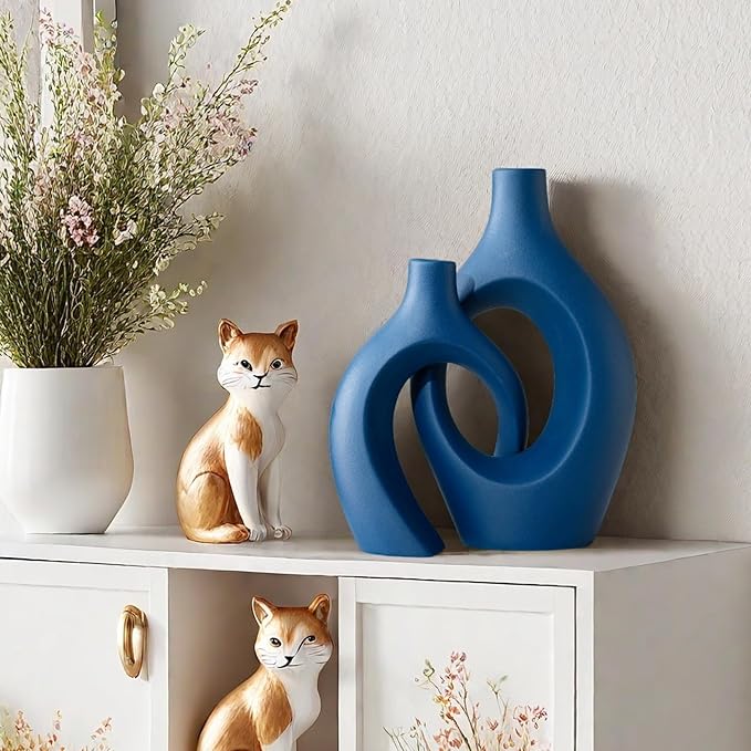 Snuggle Hollow Ceramic Vase Set of 2, 11 inch Hug Donut Modern Nordic Boho Style Vases for Home Decor Anthropologie Aesthetic Living Room Shelf Entryway Table Decorative (Navy Blue)