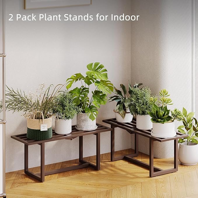 2 Pack Metal Plant Stand Indoor, Outdoor Iron Plant Shelf, Heavy Duty Slatted Display Shelf for Patio Balcony Garden Living Room Load Bearing 330 LB 26" L x 10.4" H x 8.6" W 1 Tier Coffee