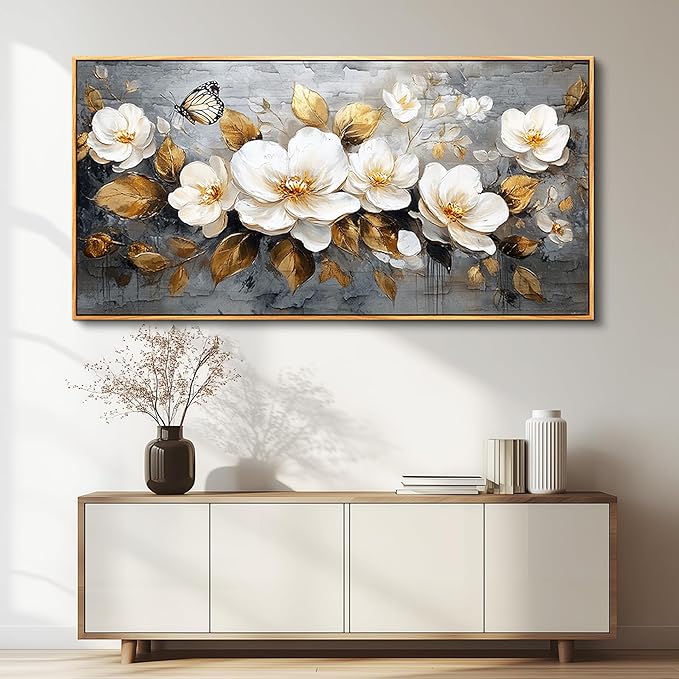 FUHAIHUA Wood Framed Canvas Wall Art For Living Room Large Wall Decor For Office Bedroom Decoration White Flower Pictures Farmhouse Painting Artwork Room Wall Mural Aesthetic Home Decor 30x60