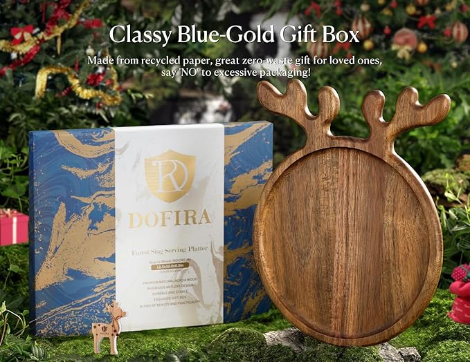 Acacia Antler Christmas Serving Platter, 12" x 15" Round Wooden Food Dish, Serving Dishes Charcuterie Board Tray for Cheese Fruit Bread, Christmas Platter for Housewarming Decro Wedding