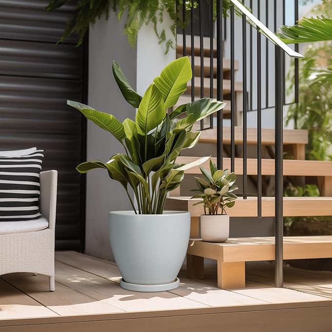 10 Inch Planter - Ceramic Pots for Plants, Planters with Drainage Hole and Tray, Modern Flower Pots Indoor, Home Living Room Patio Porch Garden Office Decor, Gray