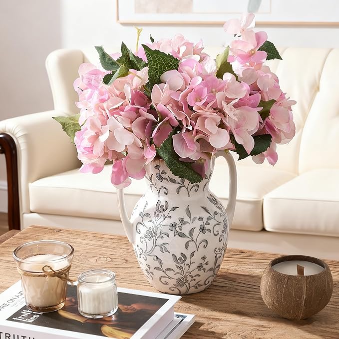 Gray and Beige Farmhouse Vintage Vase with 2 Handles, Chinoiserie Floral Vase, Rustic Ceramic Vases for Home Decor, Wedding, Living Room, Table, Shelf Decor - 8.3 Inch Tall